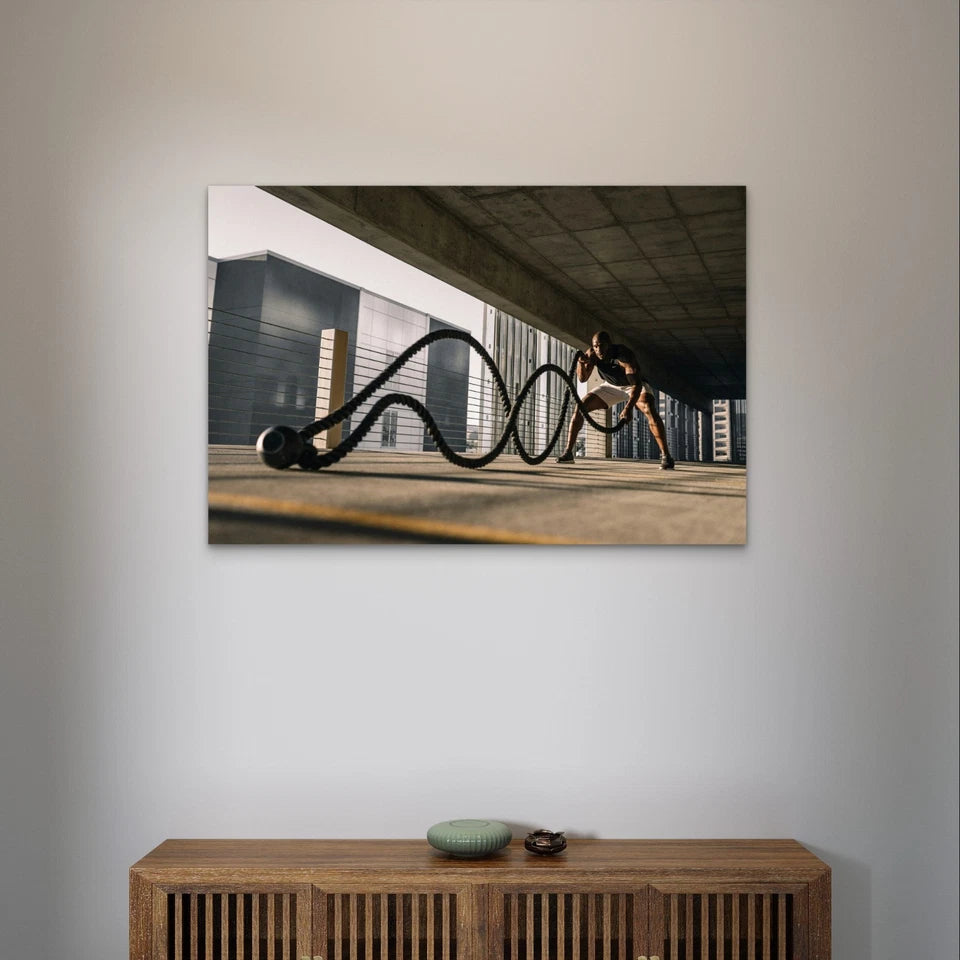 Athletic Man Using Battle Ropes 5mm Plastic Poster Ready to Hang 90x60cm