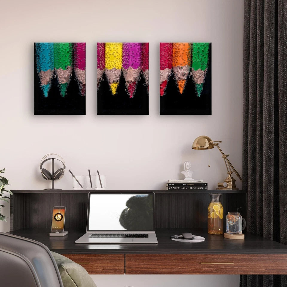 3pcs Vibrant Colour Pencils With Water Bubbles Wall Art Set Canvas Framed 50x70cm - High Quality Print 100% Australian Made Wall Canvas Ready to Hang