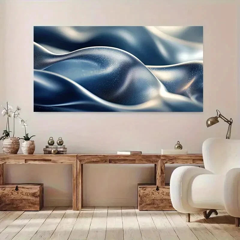 Modern Flowing Metallic Blue Wall Art Canvas Office Home Room Framed 120x60cm