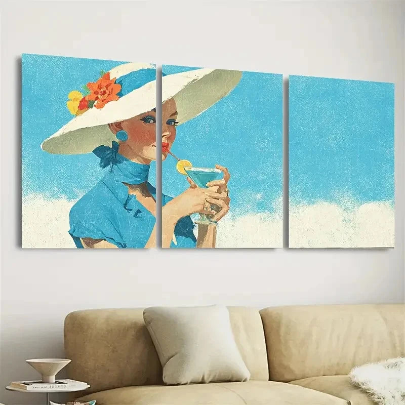 3pcs Vintage Coastal Cowgirl Martini Wall Art Set Canvas Framed 40x60cm - High Quality Print 100% Australian Made Wall Canvas Ready to Hang
