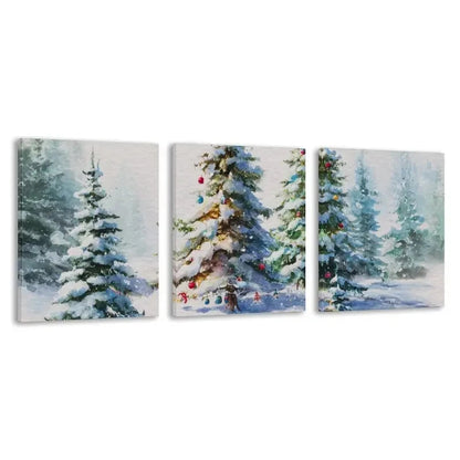 3pcs Trees with Snow Covered Pine Trees & Red  Wall Art Set Canvas Framed 50x70cm - High Quality Print 100% Australian Made Wall Canvas Ready to Hang