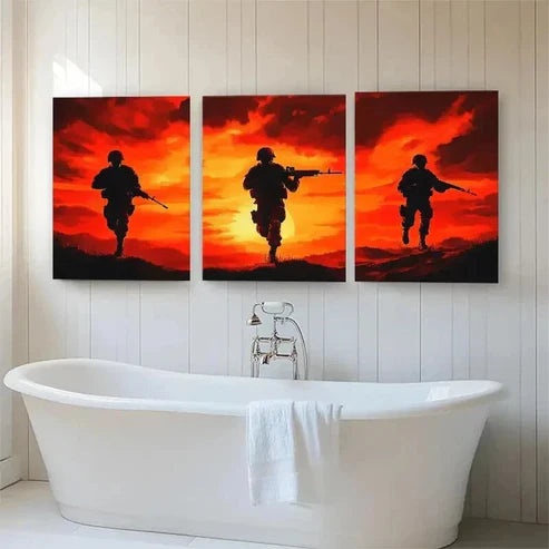 3pcs Heroic Battlefield Sunset Soldier Perfect Wall Art Canvas Unframed - High Quality Print 100% Australian Made Wall Canvas