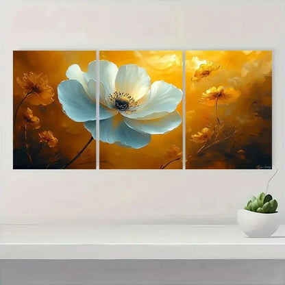 3pcs Yellow White Flower Gorgeous Metal Print Ready to Hang Art - Bella Home Decor