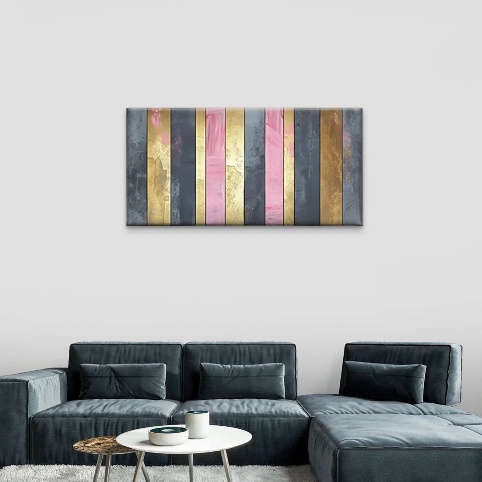 Pink Golden Striped Abstract Wall Art Canvas Office Home Room Framed 120x60cm