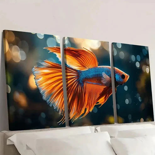 3pcs Vibrant Betta Fish Splatter Wall Art Set Canvas Unframed - High Quality Print 100% Australian Made Wall Canvas
