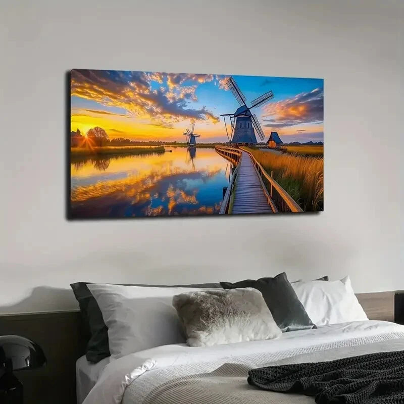 Windmills At Sunset Serene Wall Art Canvas Office Home Room Framed 120x60cm - Bella Home Decor