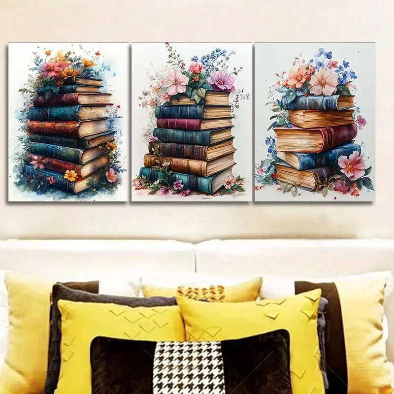 3pcs Featuring a Stack of Books Wall Art Set Canvas Framed 40x60cm - High Quality Print 100% Australian Made Wall Canvas Ready to Hang