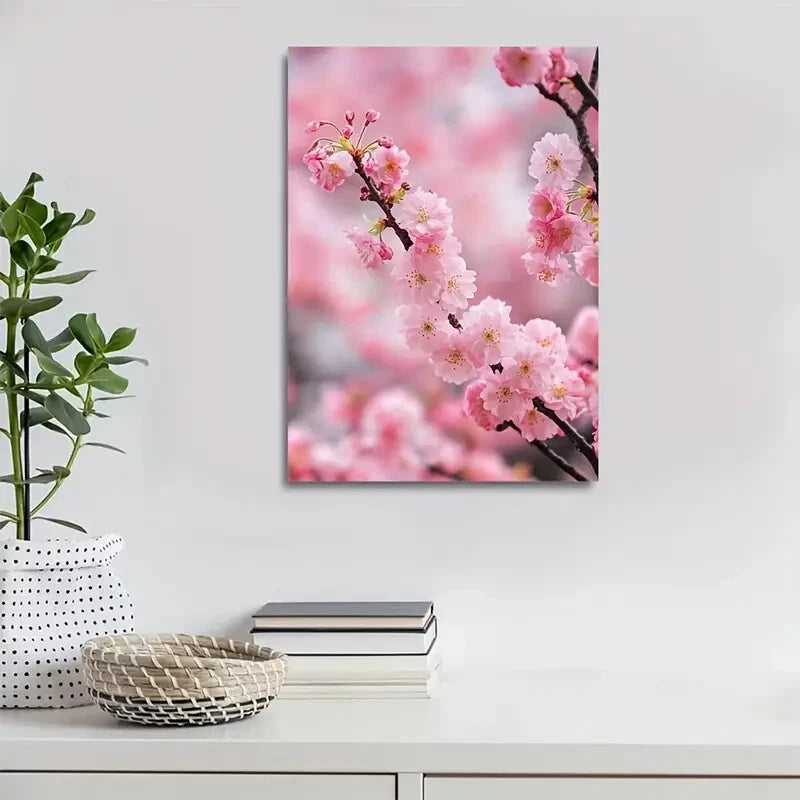 Vibrant Pink Floral Design Black Branches Painting 40x60cm Metal Print Ready to Hang - Bella Home Decor