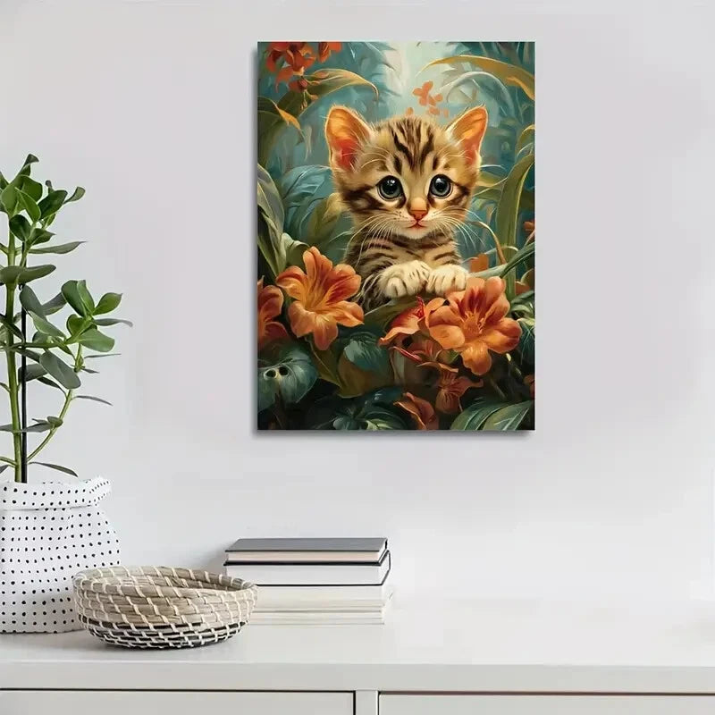 Cute Bengal Kitten with Vibrant Flowers Painting 40x60cm Metal Print Ready to Hang - Bella Home Decor