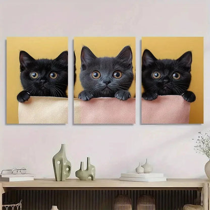 3pcs Adorable Black Playful Cats Painting Metal Print Ready to Hang Art - Bella Home Decor