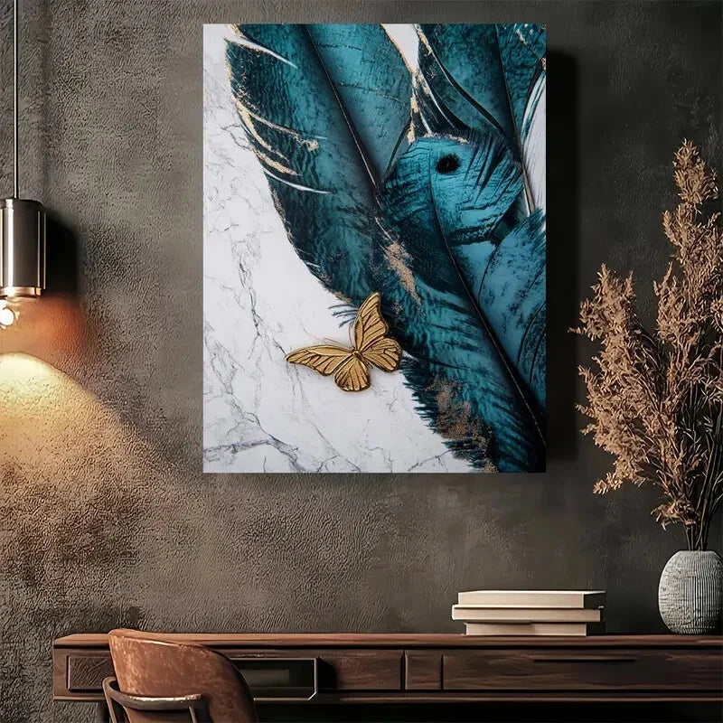 Beautiful Elegant Feather & Butterfly Painting 40x60cm Metal Print Ready to Hang - Bella Home Decor