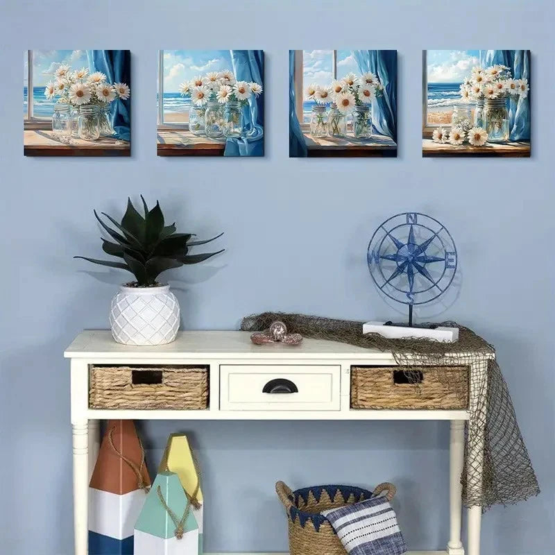 4pcsElegant Floral Mason Jar Series,Wall Art Canvas Framed