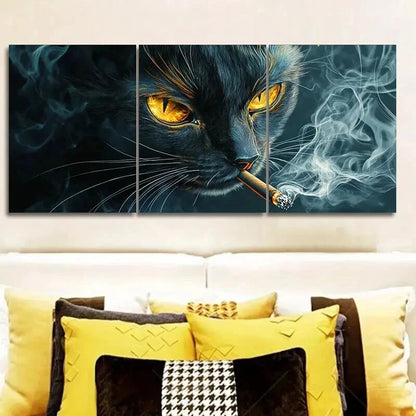3pcs A Black Cat with Yellow Eyes Smoking Wall Art Set Canvas Framed 40x60cm - High Quality Print 100% Australian Made Wall Canvas Ready to Hang - Bella Home Decor