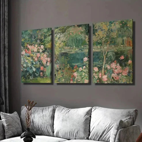 3pcs Vintage Garden Pond & Water Lilies Wall Art Canvas Unframed - High Quality Print 100% Australian Made Wall Canvas