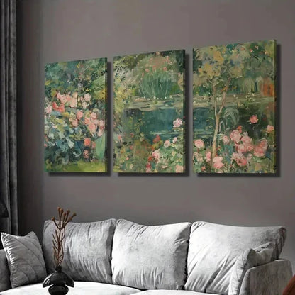 3pcs Vintage Garden Pond & Water Lilies Wall Art Canvas Unframed - High Quality Print 100% Australian Made Wall Canvas