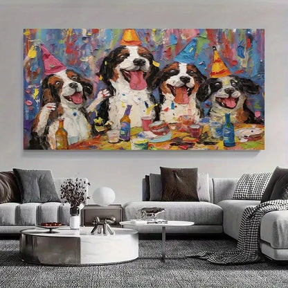 Happy Dogs In Party Hats Wall Art Canvas Office Home Room Framed 120x60cm
