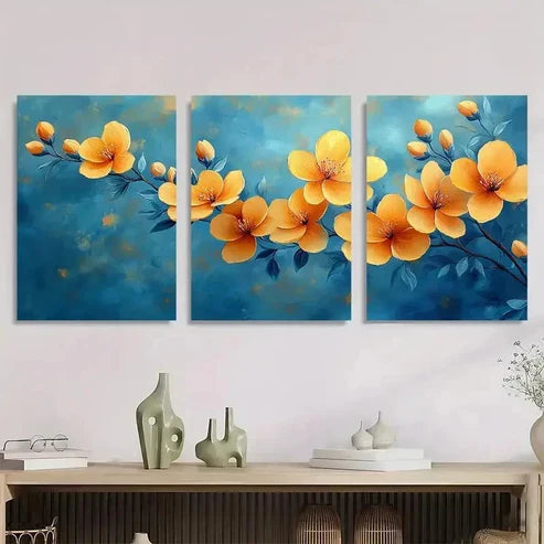 3pcs Colorful Flower Blue Yellow Perfect Wall Art Set – Wall Art Canvas Unframed - High Quality Print 100% Australian Made Wall Canvas - Bella Home Decor