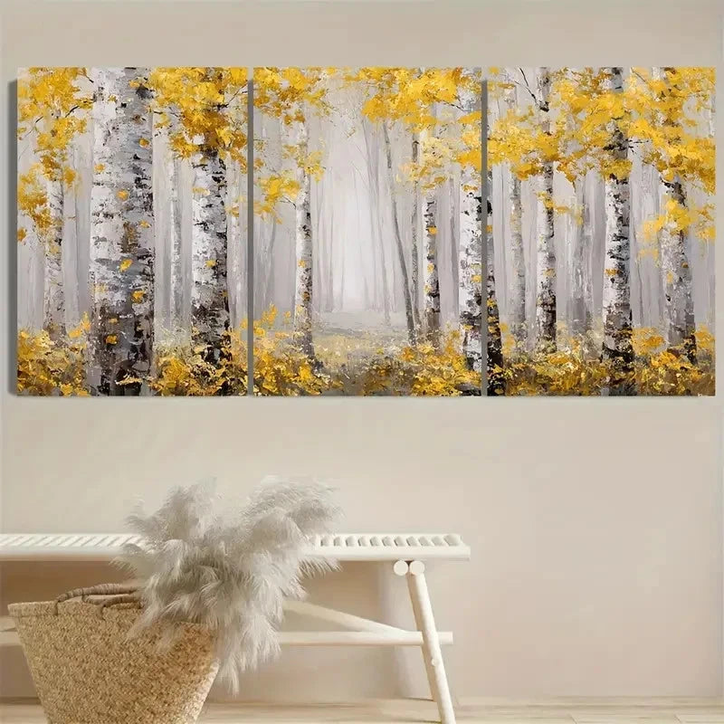 3pcs Birch Tree Art Elegant Golden Accented Wall Art Set Canvas Framed 40x60cm - High Quality Print 100% Australian Made Wall Canvas Ready to Hang - Bella Home Decor