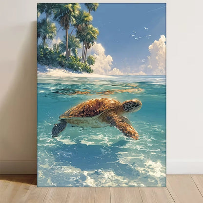 Tropical Sea Turtle & Palm Tree Metal Print Ready to Hang