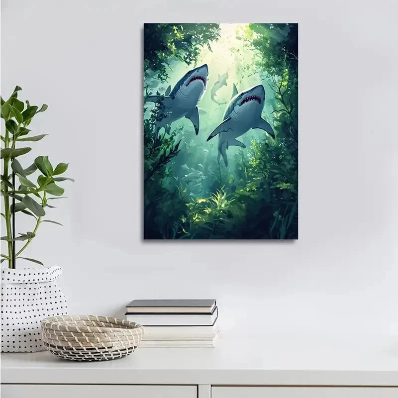 Cartoon Sharks Chasing in Lush Meadow Painting 40x60cm Metal Print Ready to Hang - Bella Home Decor