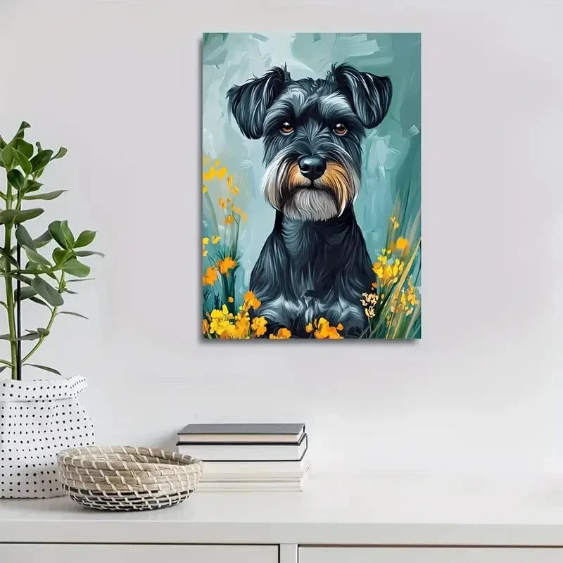 Adorable Schnauzer Dog with Flowers Painting 40x60cm Metal Print Ready to Hang - Bella Home Decor