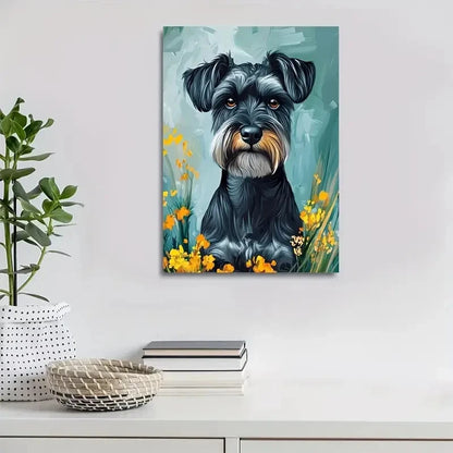Adorable Schnauzer Dog with Flowers Painting 40x60cm Metal Print Ready to Hang - Bella Home Decor