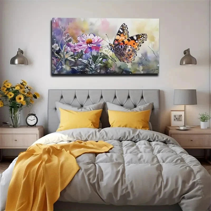 Butterfly On Pink Flowers Suit Wall Art Canvas Office Home Room Framed 120x60cm