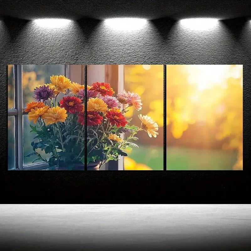 3pcs Flowers On The Windowsill Metal Print Ready to Hang Art - Bella Home Decor