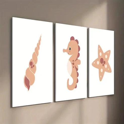 3pcs Cute Seahorse Spiral Shell Starfish Wall Art Set Canvas Unframed - High Quality Print 100% Australian Made Wall Canvas