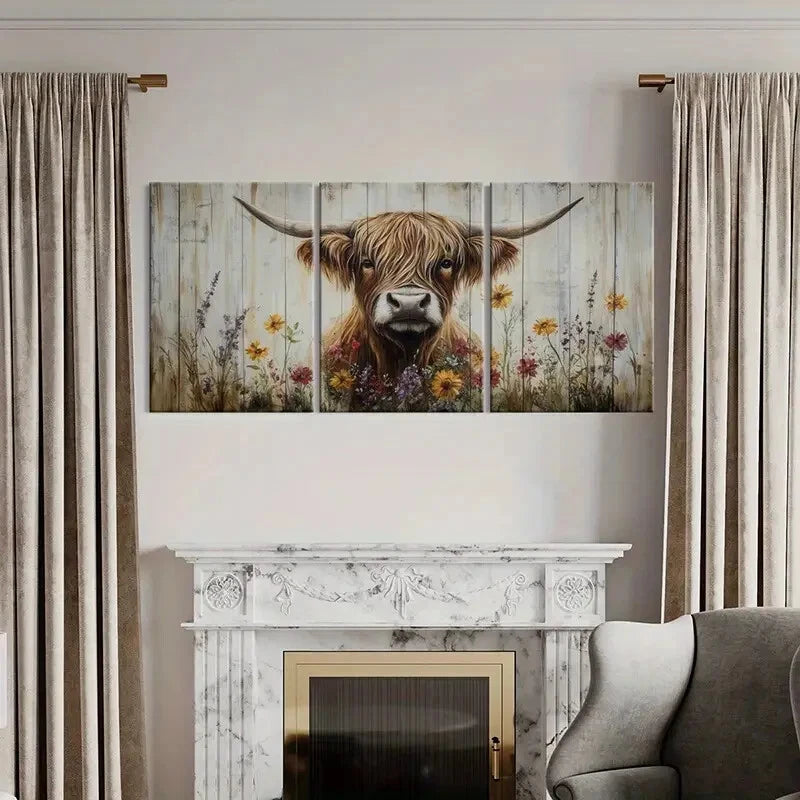 3pcs Highland Cattle Floral Garden Farmhouse Metal Print Ready to Hang Art - Bella Home Decor