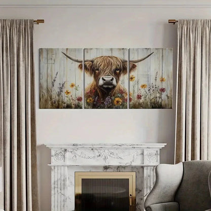 3pcs Highland Cattle Floral Garden Farmhouse Metal Print Ready to Hang Art - Bella Home Decor