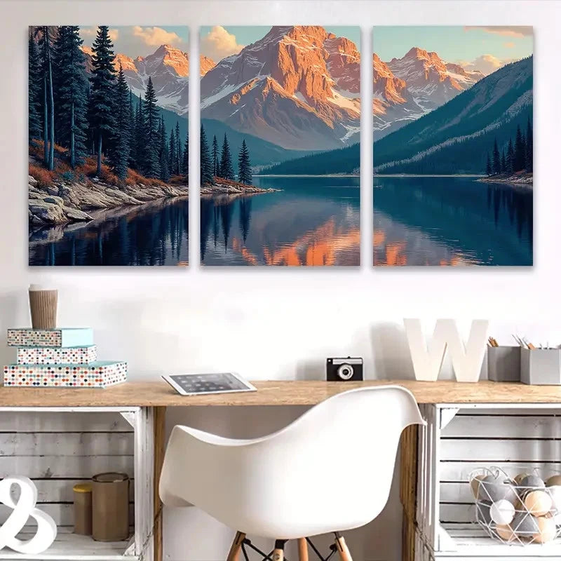 3pcs Mountain Lake Sunset Landscape Wall Art Set Canvas Framed 60x90cm - High Quality Print 100% Australian Made Wall Canvas Ready to Hang