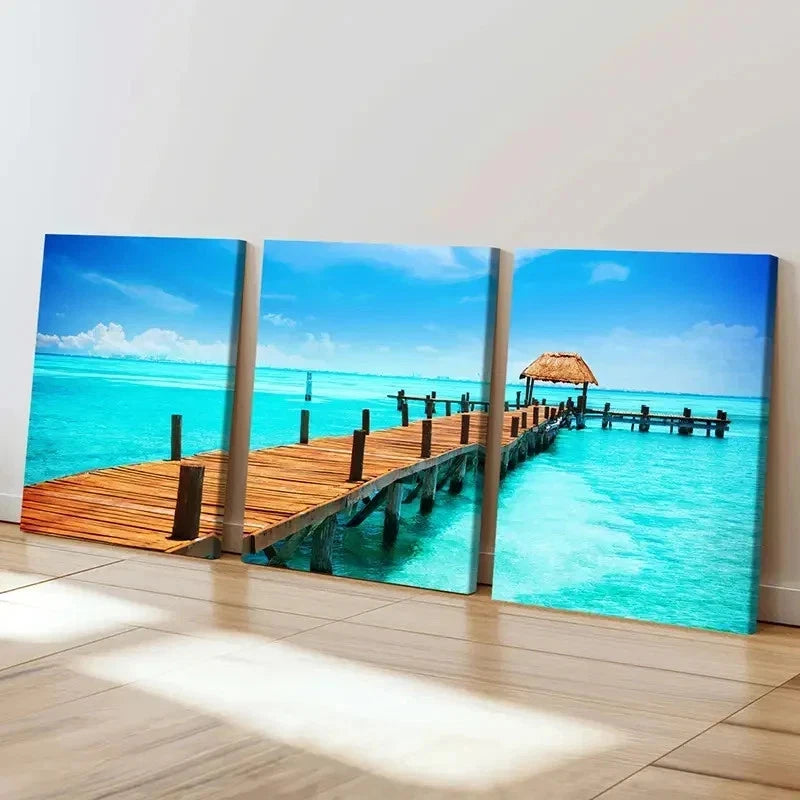 3pcs Seaside Landscape Art Pier Sea Wall Art Set Canvas Framed 50x70cm - High Quality Print 100% Australian Made Wall Canvas Ready to Hang