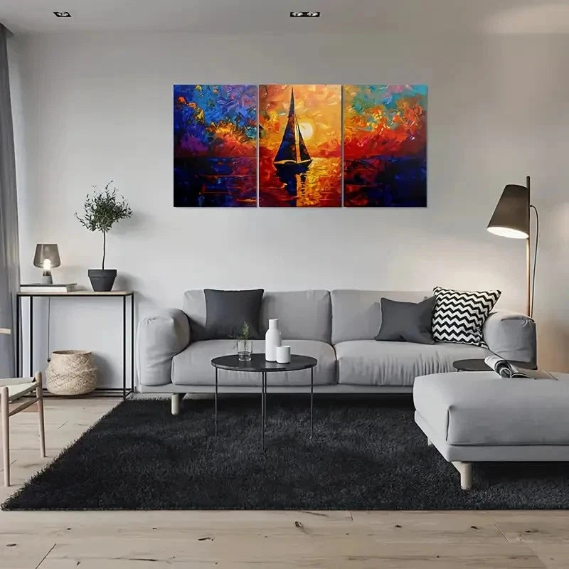 3pcs Abstract Sunset Sailboat Triptych Metal Print Ready to Hang Art - Bella Home Decor