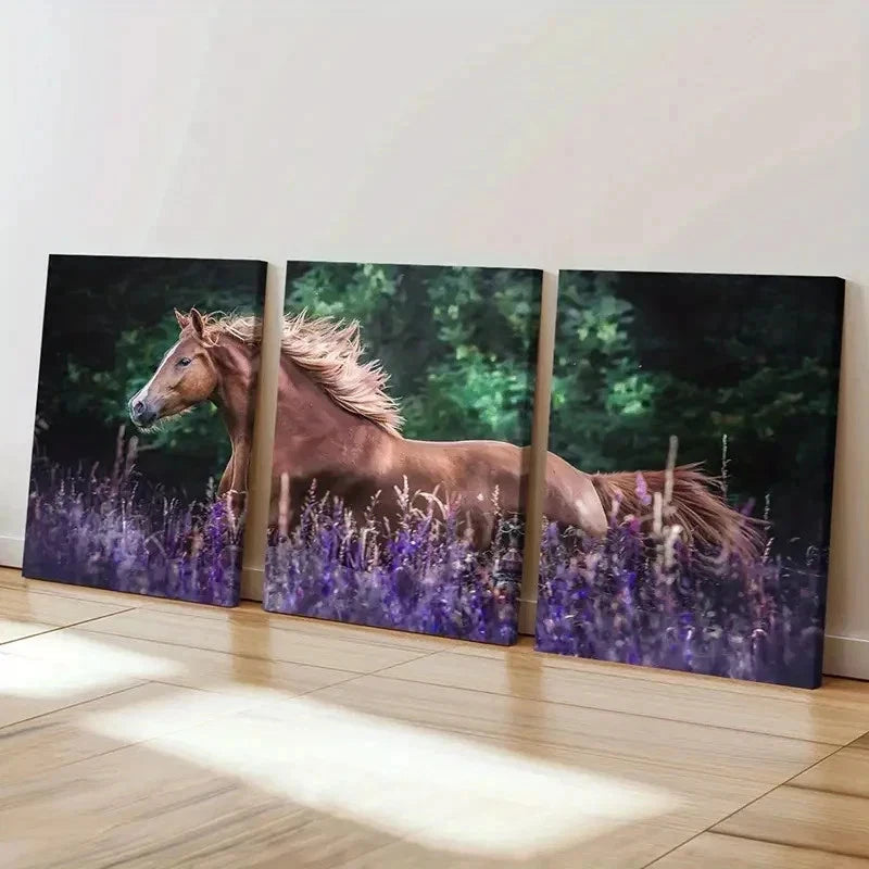3pcs Horse in Lavender Bush Modern Wall Art Set Canvas Framed 60x90cm - High Quality Print 100% Australian Made Wall Canvas Ready to Hang