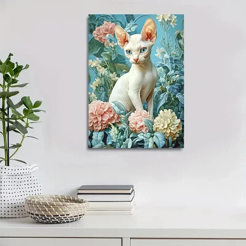 Cute Sphynx Kitten with Flowers & Plants 40x60cm Metal Print Ready to Hang - Bella Home Decor