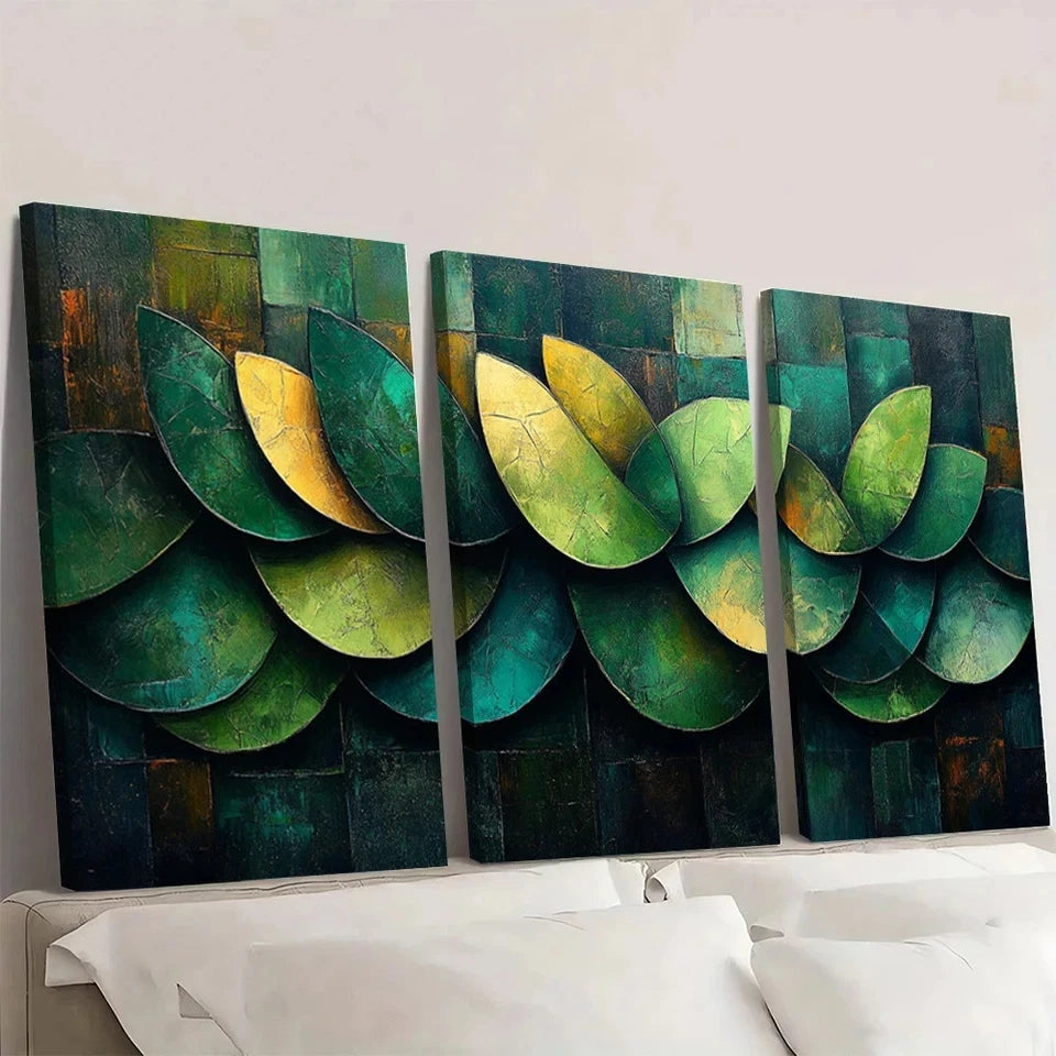 3pcs Vintage Abstract Green Leaves Themed Wall Art Set Canvas Framed 60x90cm - High Quality Print 100% Australian Made Wall Canvas Ready to Hang