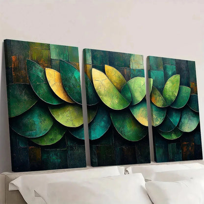 3pcs Vintage Abstract Green Leaves Themed Wall Art Set Canvas Framed 60x90cm - High Quality Print 100% Australian Made Wall Canvas Ready to Hang