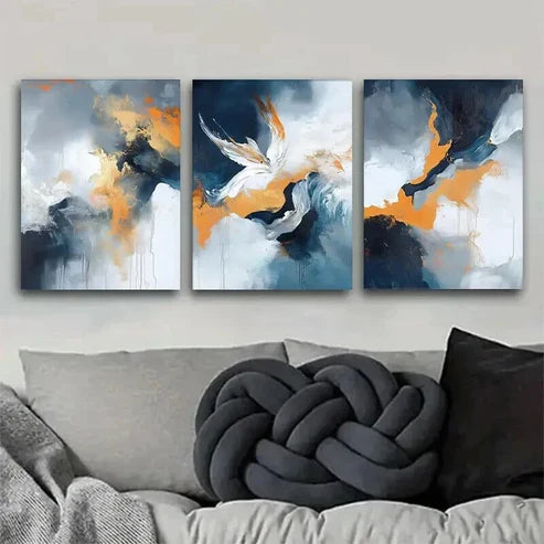 3pcs Blue White And Golden Fluid Paintings Perfect Wall Art Canvas Unframed – High Quality Print 100% Australian Made Wall Canvas - Bella Home Decor