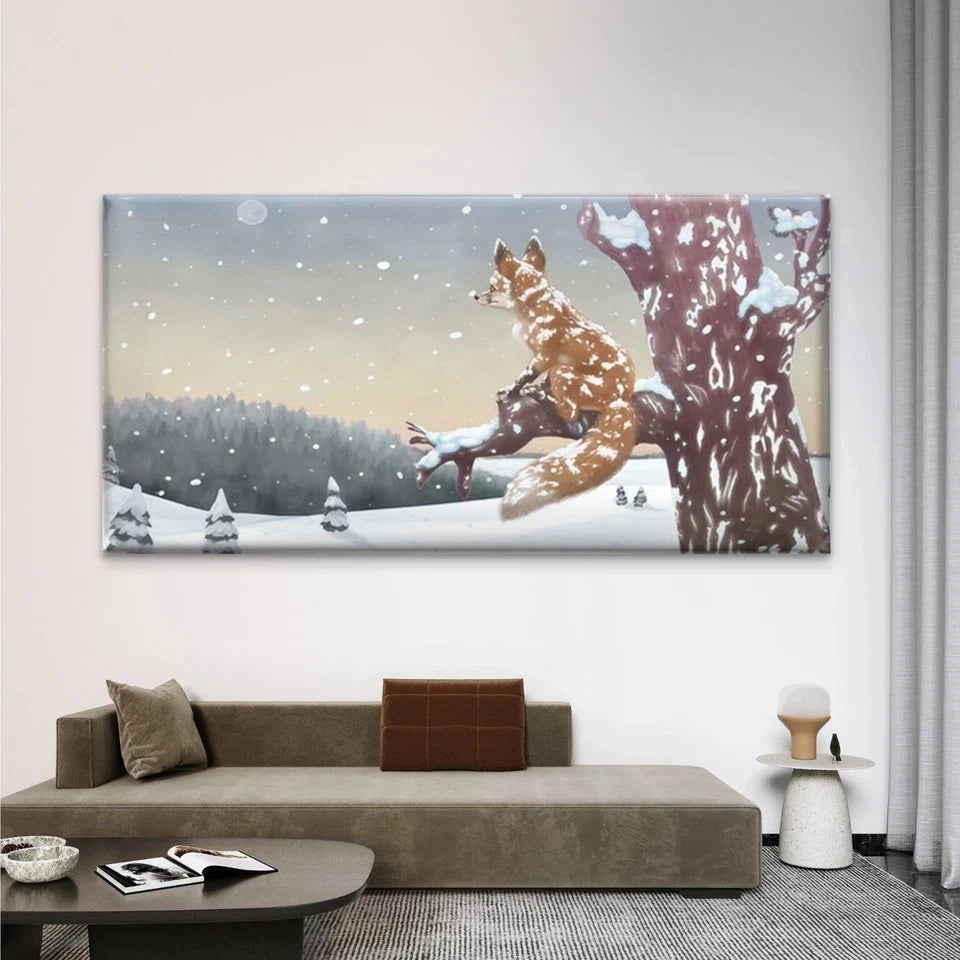 Classic Fox in Snowy Forest Wall Art Canvas Office Home Room Framed 120x60cm