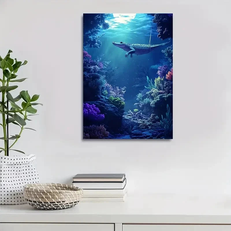 Cartoon Style Crocodile Swinging From Tree Painting 40x60cm Metal Print Ready to Hang