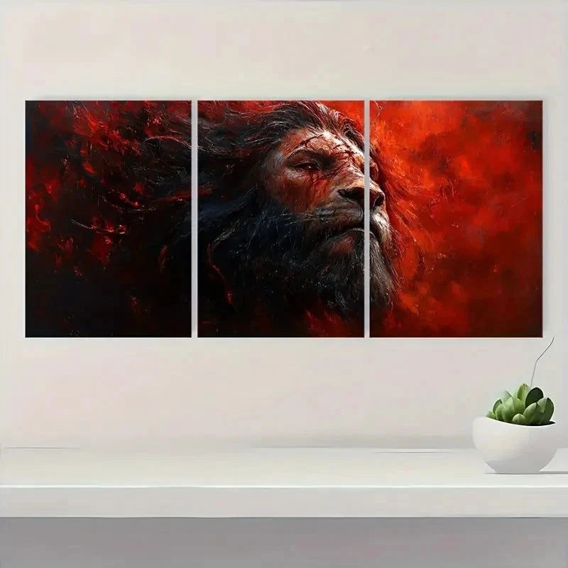 3pcs Lion Vibrant Red & Black Design  Wall Art Set Canvas Framed 60x90cm - High Quality Print 100% Australian Made Wall Canvas Ready to Hang