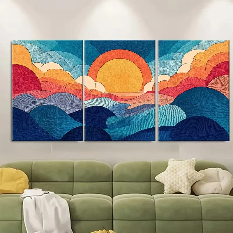 3pcs Abstract Sun Waves Metal Print Ready to Hang Art - Bella Home Decor