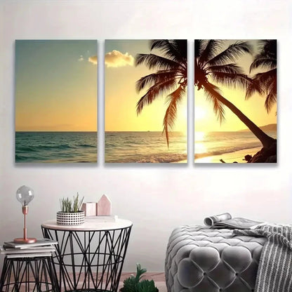 3pcs Yellow Tropical Beach Palm Tree Sunset  Wall Art Set Canvas Framed 40x60cm - High Quality Print 100% Australian Made Wall Canvas Ready to Hang - Bella Home Decor