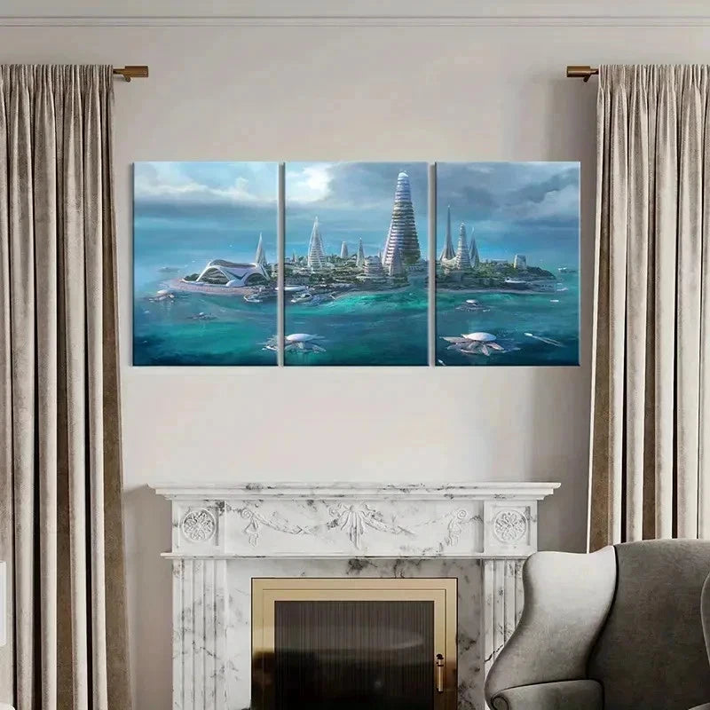 3pcs Futuristic Sci-Fi Island Scene Wall Art Set Canvas Framed 50x70cm - High Quality Print 100% Australian Made Wall Canvas Ready to Hang - Bella Home Decor
