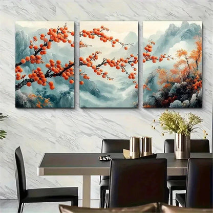 3pcs Elegant Persimmon Branch Ink Perfect Wall Art Set Canvas Framed 50x70cm - High Quality Print 100% Australian Made Wall Canvas Ready to Hang