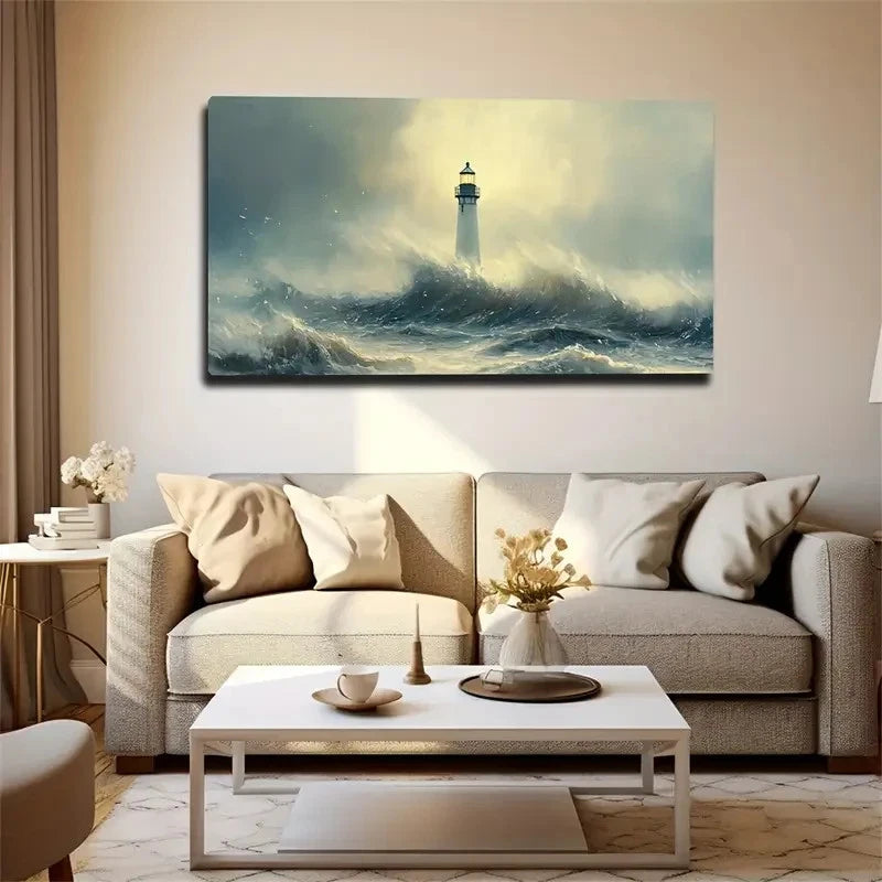 Lighthouse Amidst Waves Coastal Wall Art Canvas Office Home Room Framed 120x60cm