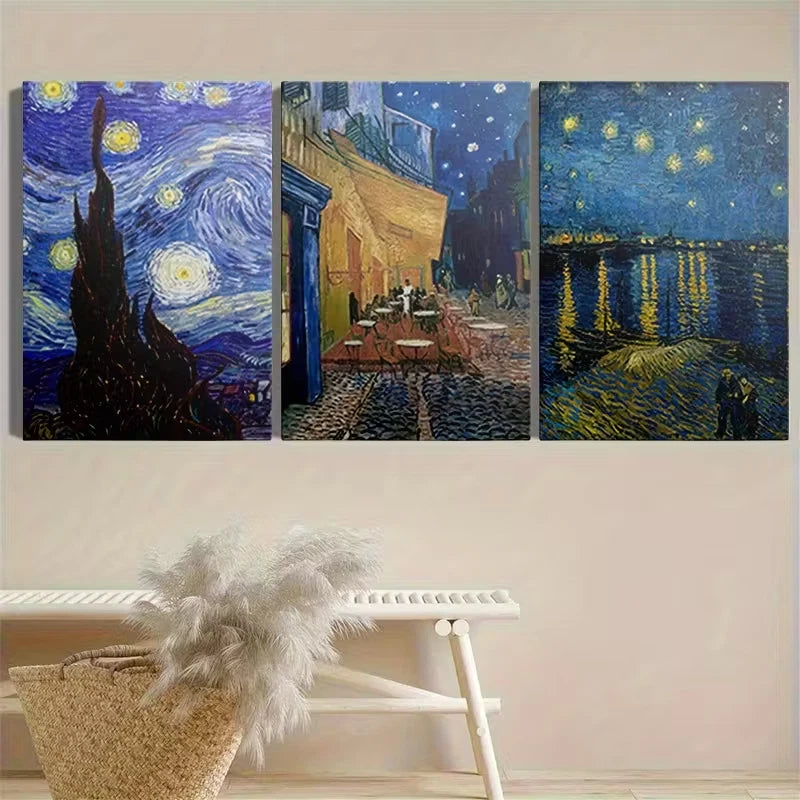 3pcs Gogh Starry Night Wall Art Set Canvas Framed 50x70cm – High Quality Print, 100% Australian Made, Ready to Hang