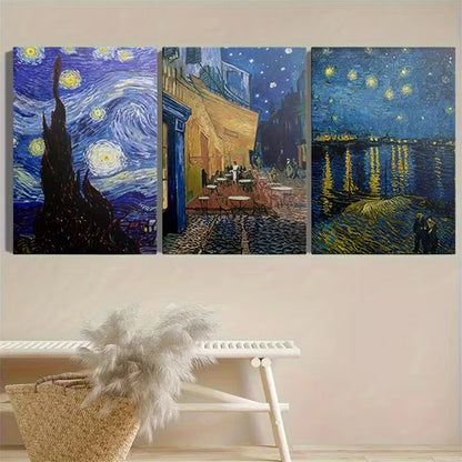 3pcs Gogh Starry Night Wall Art Set Canvas Framed 50x70cm – High Quality Print, 100% Australian Made, Ready to Hang