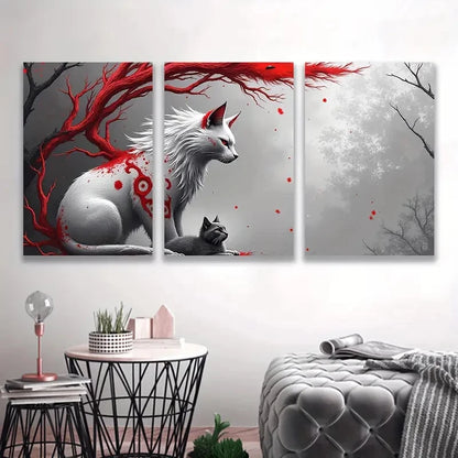 3pcs White Fox & Cat in Red Tree Design I Wall Art Set Canvas Framed 60x90cm - High Quality Print 100% Australian Made Wall Canvas Ready to Hang